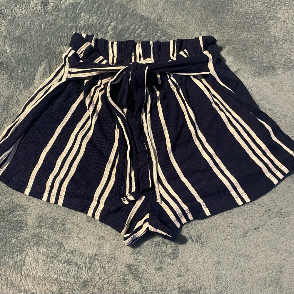 Love tree size small navy blue and white striped paper bag high waisted shorts
